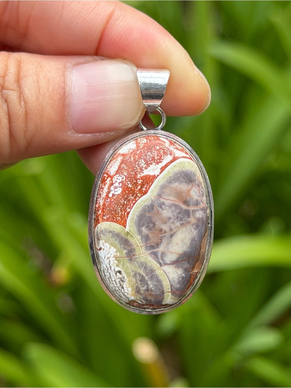 Sterling Silver Red and Brown Jasper Oval Pendant Palo
